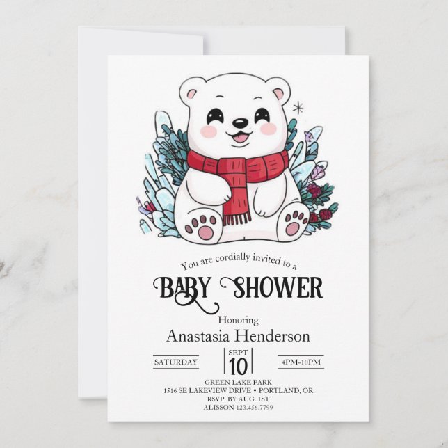 Söt Snö Polar Bear Digital Baby Shower Inbjudningar (Framsida)
