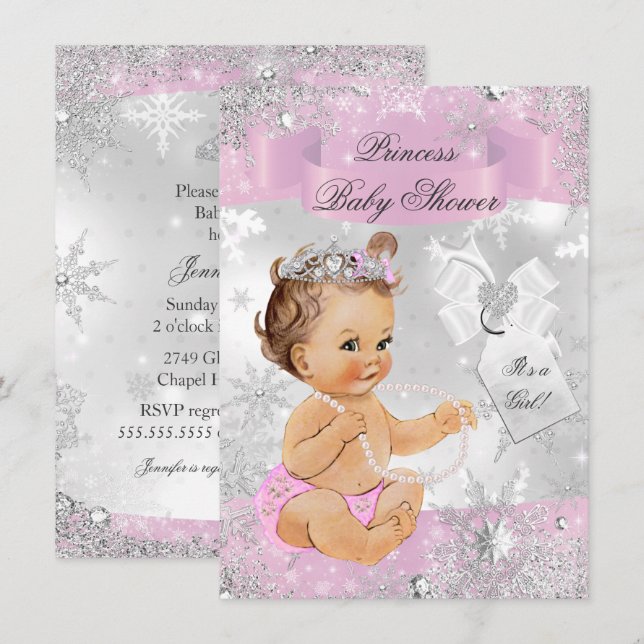 Söt snöflinga prinsessa rosa baby shower inbjudan (Fram/baksida)
