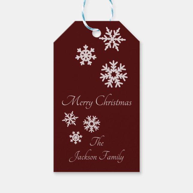 Söt Snöflingor Burgundy Personlig Namn Julafton Presentetikett (Framsidan)