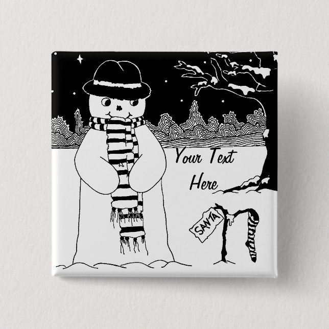 Söt snögubbe leende i snö-scenen, jultoma knapp (Framsida)