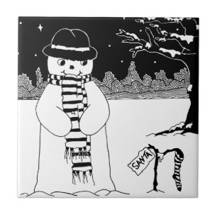 Söt snögubbe leende snö-scen för jultoma kakelplatta