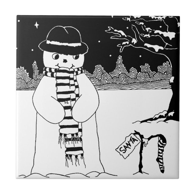 Söt snögubbe leende snö-scen för jultoma kakelplatta (Framsidan)