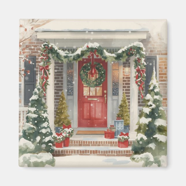 Söt snöig julveranda  magnet (Framsidan)