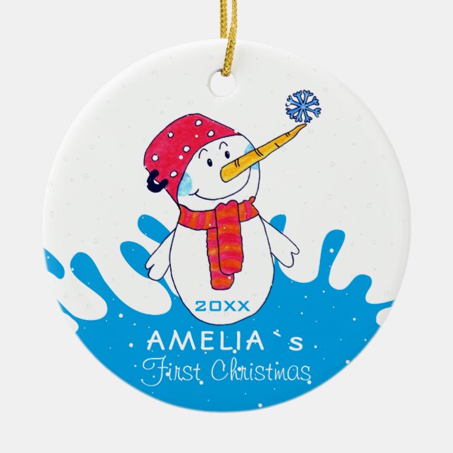 Söt Snöman Bebis Första Jul Julgransprydnad Keramik (Framsidan)