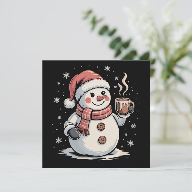 Söt Snöman Dricker Kaffe Vinter Snöflinga Jul Julkort (Stående Fram)