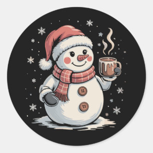 Söt Snöman Dricker Kaffe Vinter Snöflinga Jul Runt Klistermärke