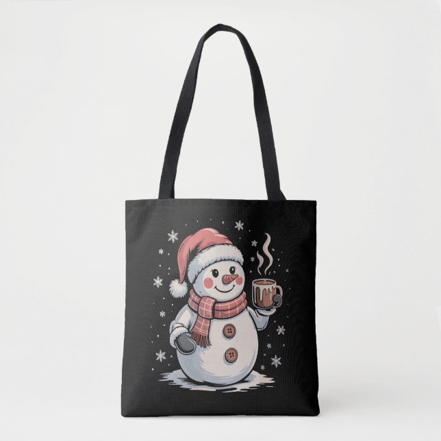 Söt Snöman Dricker Kaffe Vinter Snöflinga Jul Tygkasse (Framsida)