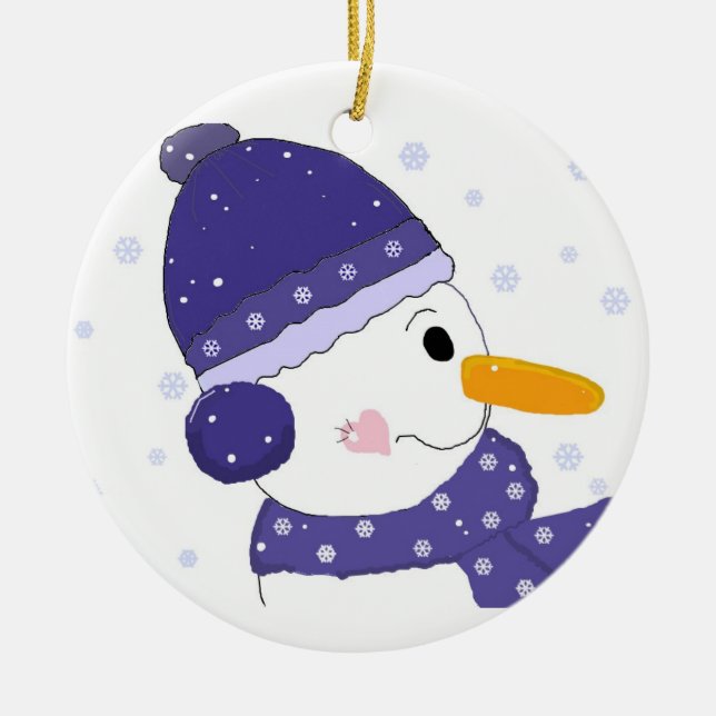 Söt snöman i blå hatt och halsduk julgransprydnad keramik (Framsidan)