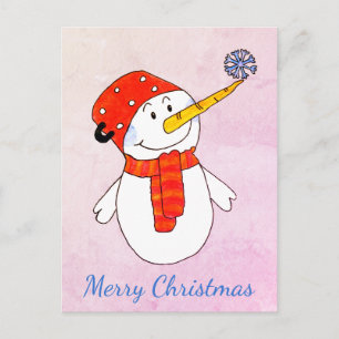 Söt snöman med en snöflinga rosa God Jul Helg Vykort