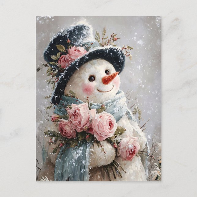 Söt snöman med rosa rosor vykort (Framsida)