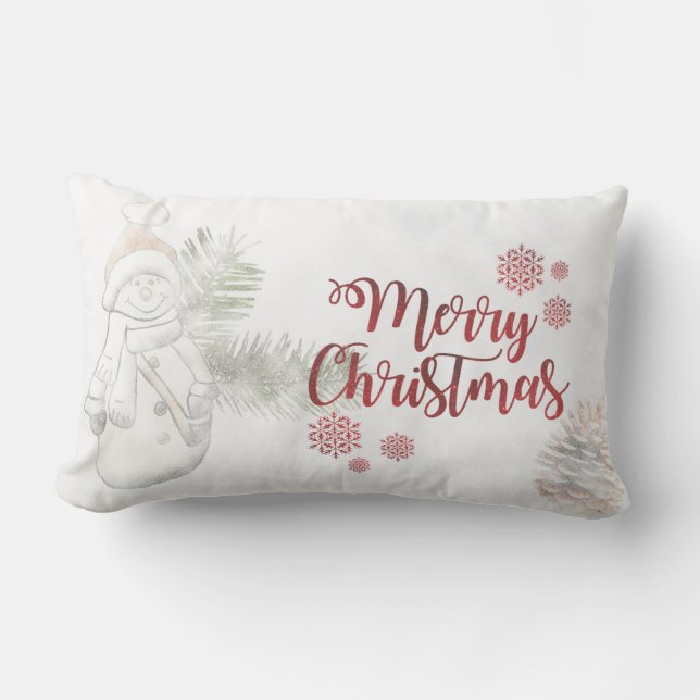 Söt snöman med tomteluva, God Jul Lumbarkudde (Framsida)