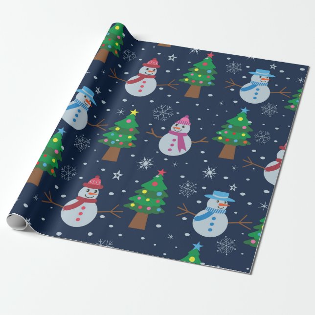 Söt snöman mönster med julgranar    presentpapper (Utrullad)