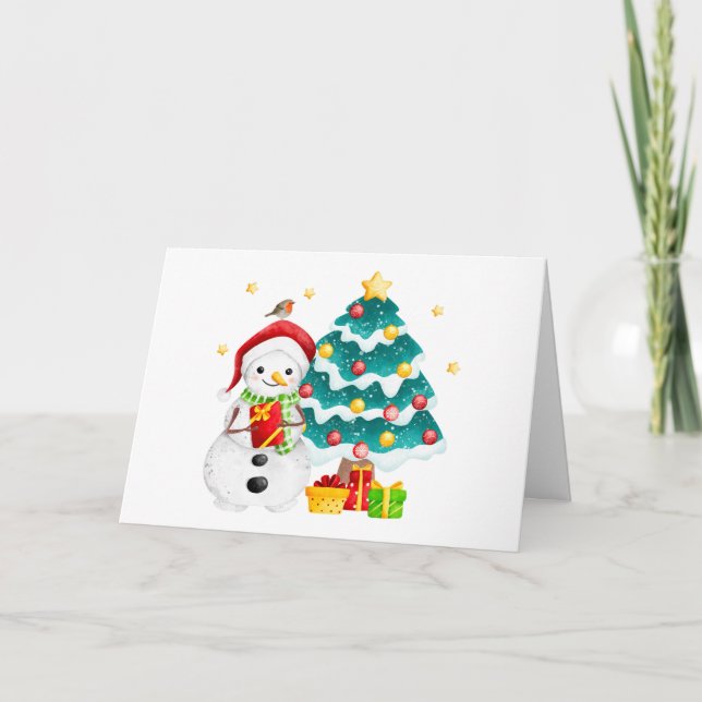 Söt snöman och julgran  kort (Framsida)