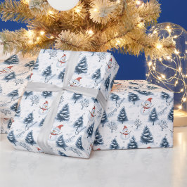 Söt snöman och snöiga träd God Jul Presentpapper