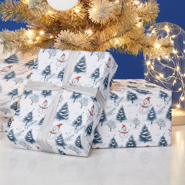 Söt snöman och snöiga träd God Jul Presentpapper (Helgdagar)