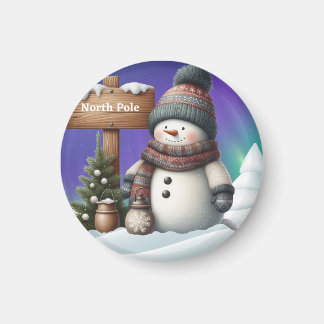 Söt snöman på Nordpolen med norrsken Magnet