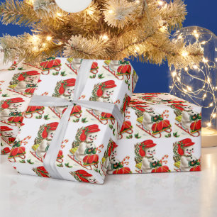 Söt snöman röd mössa gröna handskar på släde presentpapper
