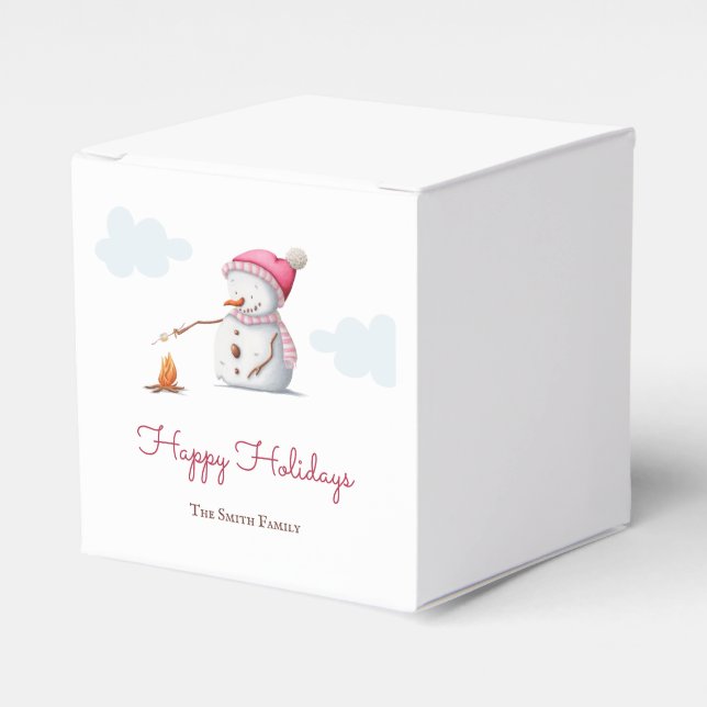 Söt snöman som steker marshmallows jul presentaskar (Framsidan Sidan)