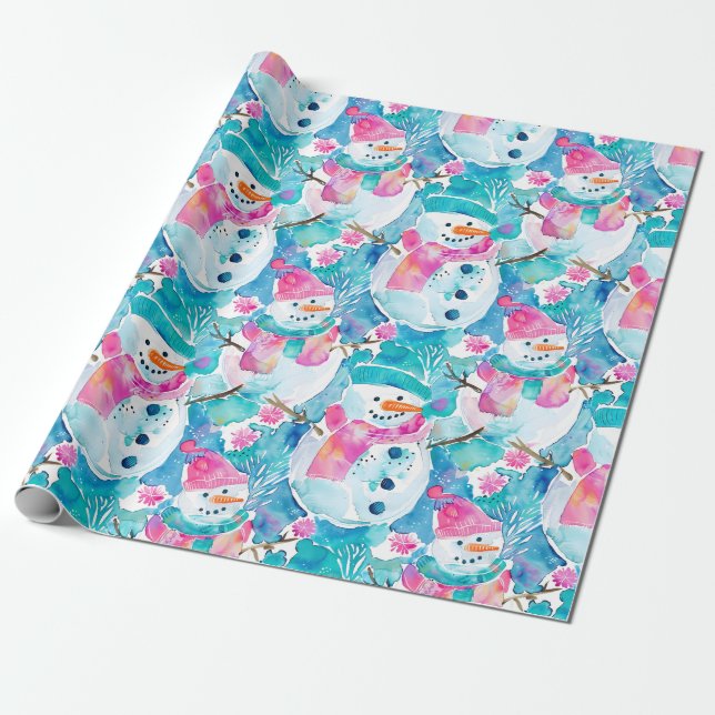 Söt snöman turkos akvarellmönster presentpapper (Utrullad)
