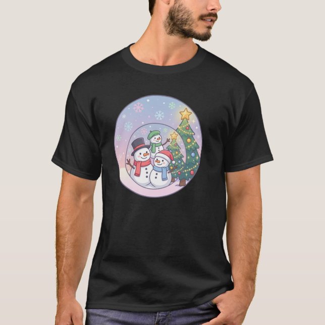 Söt snömannafamilj Julscen T Shirt (Framsida)