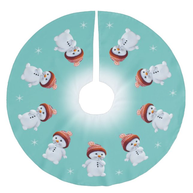Söt snömannamandala & snöflingor på teal julgransmatta borstad polyester (Framsidan)