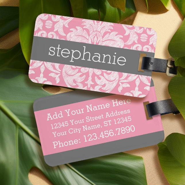 Söt Snöre Damask Pattern Rosa Grått  Bagagebricka (Personalized luggage tag - pink lace)