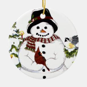 Söt snowlady och huvudsakligt, chickadeeornament. julgransprydnad keramik