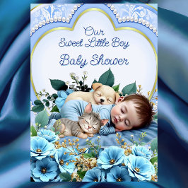 Söt snygg blå pojke baby shower valp kattunge inbjudningar
