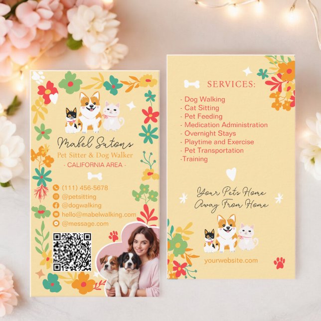 Söt, snygg blommigt, knölbarnspromenad visitkort (Whimsical floral cute pop pet sitter dog walker business card)