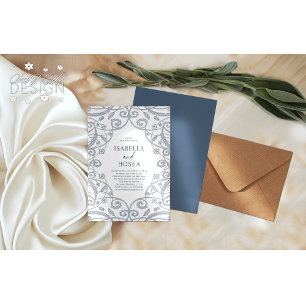 Söt Soft Dusty Blue Silver Blommigt Snöre Bröllop Inbjudningar