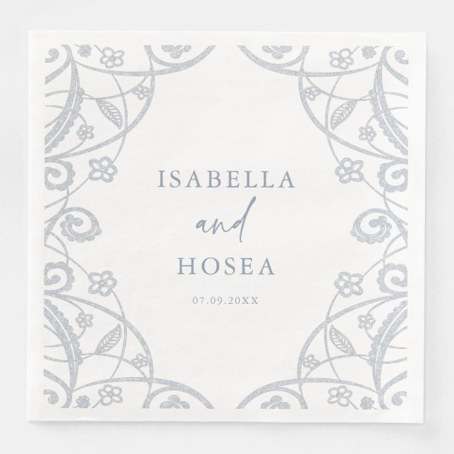 Söt Soft Dusty Blue Silver Blommigt Snöre Bröllop Pappersservett (Framsida)