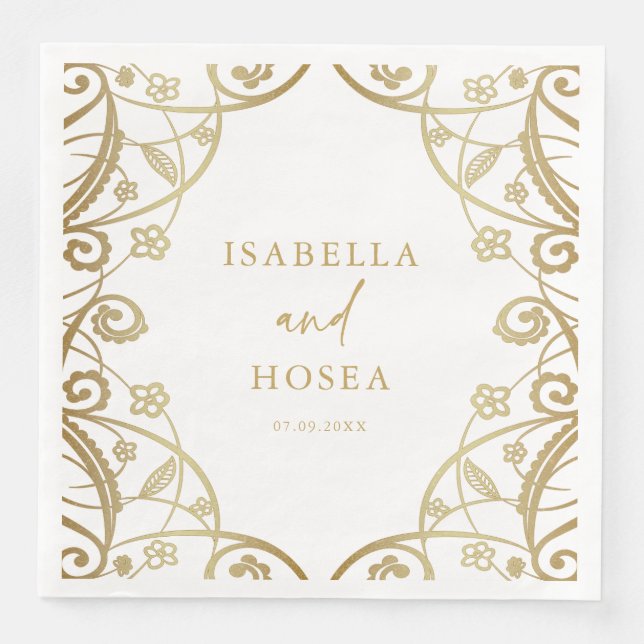 Söt Soft Guld Glitter Blommigt Snöre Bröllop Pappersservett (Framsida)