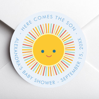Söt sol här kommer sonen blå baby boy shower runt klistermärke