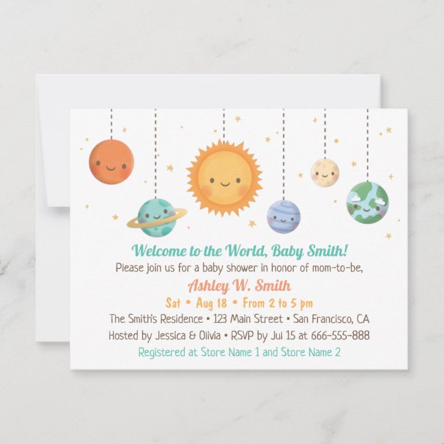Söt sol och planeter Baby Shower-inbjudan Inbjudningar (Framsida)