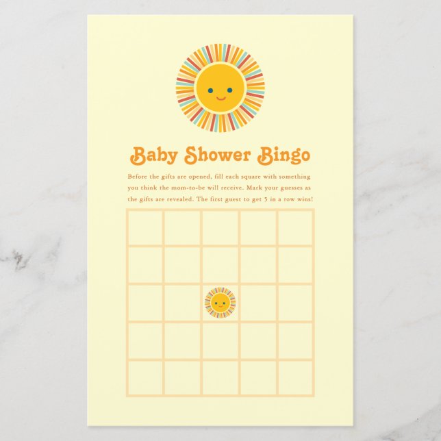 Söt sol orange och gul baby shower Bingo spel (Framsida)