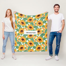 Söt Solblommor Gult och Grönt Mönster Fleecefilt