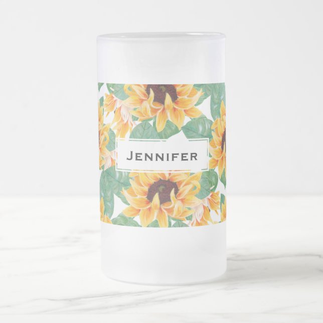 Söt Solblommor Gult och Grönt Mönster Frostat Ölglas (Center)