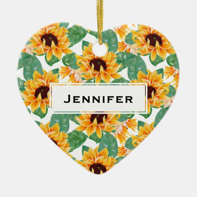 Söt Solblommor Gult och Grönt Mönster Julgransprydnad Keramik (Framsidan)