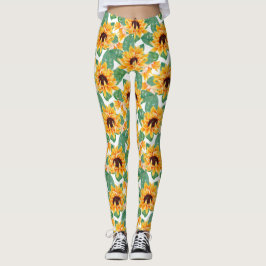 Söt Solblommor Gult och Grönt Mönster Leggings