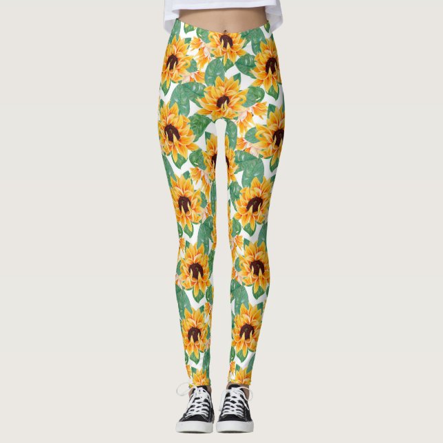 Söt Solblommor Gult och Grönt Mönster Leggings (Framsida)