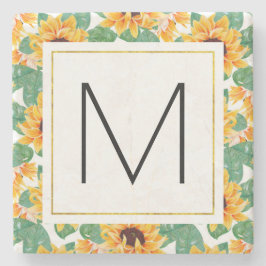 Söt Solblommor Gult och Grönt Mönster Monogram Stenunderlägg