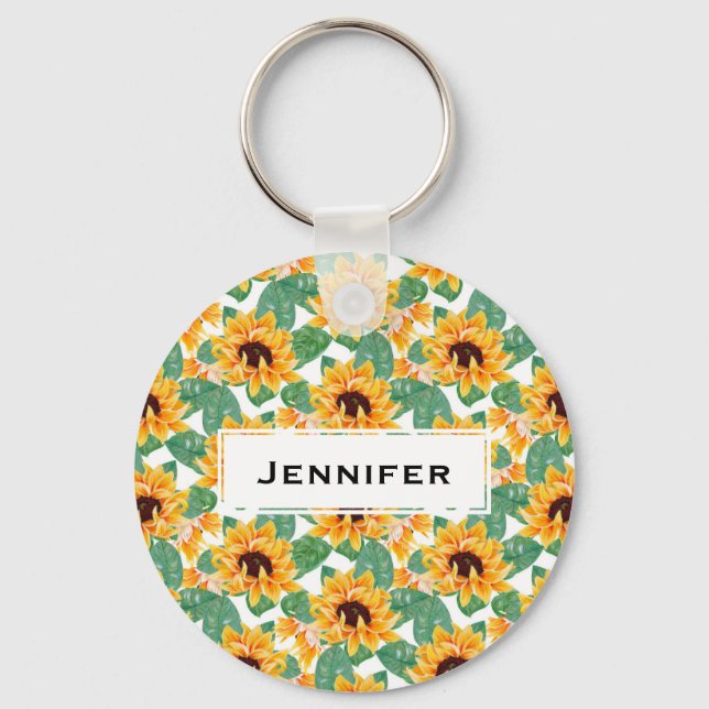 Söt Solblommor Gult och Grönt Mönster Nyckelring (Framsida)