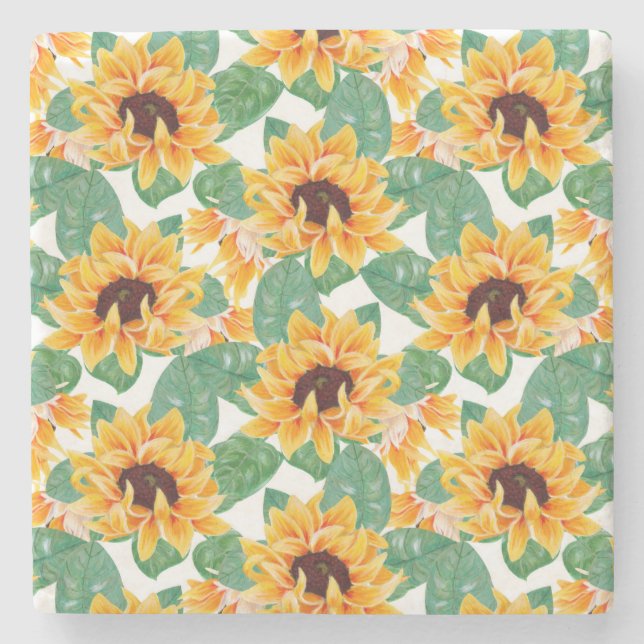 Söt Solblommor Gult och Grönt Mönster Stenunderlägg (Framsidan)