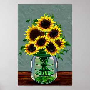 Söt Solblommor i Glass Vas Poster