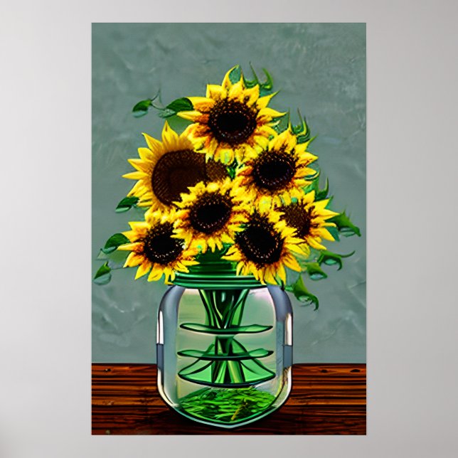Söt Solblommor i Glass Vas Poster (Framsidan)