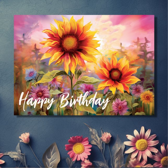 Söt Solblommor med färgblommor Födelsedag Kort (Front - Pretty Sunflowers with Colorful Flowers Birthday Card)