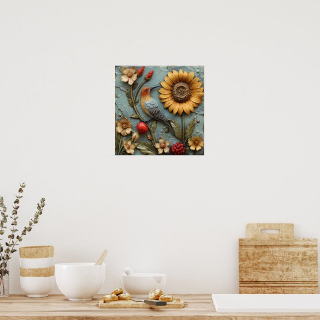 Söt solros fågel nyckelpiga blommig poster (Kök)