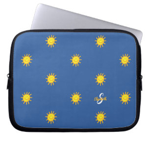 Söt solsken glad ansikte mönster namn initial blå laptop fodral