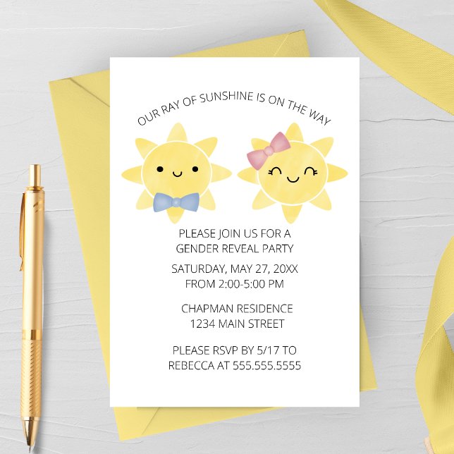 Söt solstråle Könsbestämningsfest Inbjudningar (Gender Reveal Invitation Sunshine Theme | Our Ray of Sunshine Gender Reveal Party Invitation)