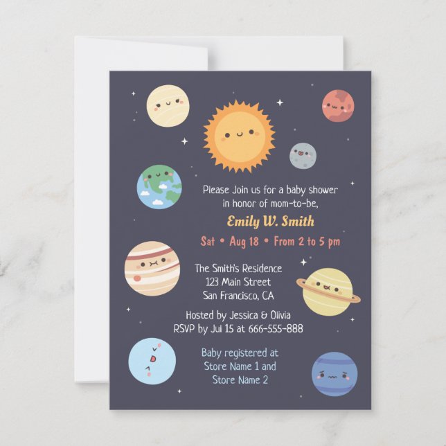 Söt solsystem sol planeter rymd baby shower inbjudningar (Framsida)